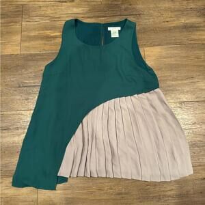 Esley Pleated Asymmetrical Color Block Tank Top Blouse Green Sz Sm
